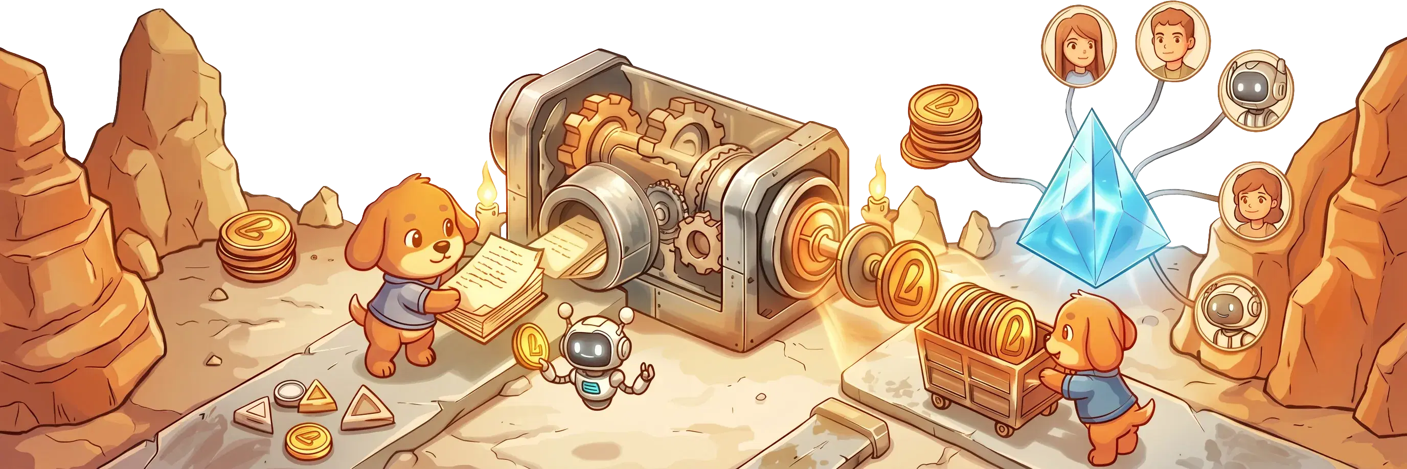 Illustration of people and agents feeding attestations into one reputation machine